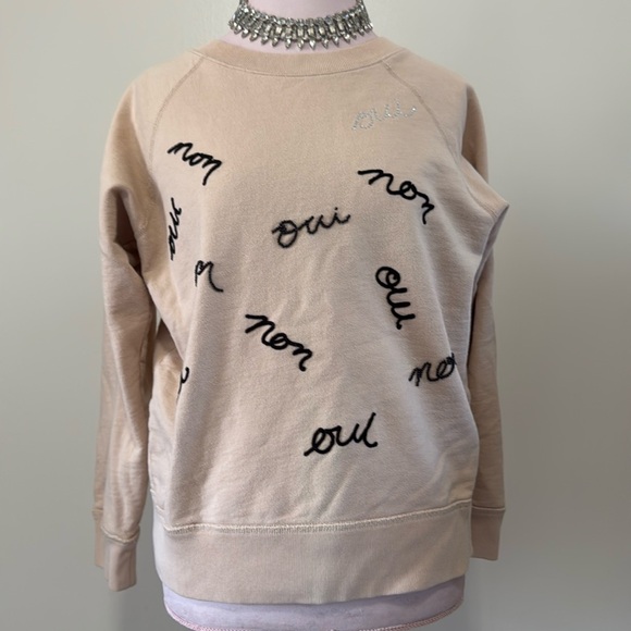 J. Crew “Oui Non” tan beaded & embroidered sweatshirt in size medium - Picture 1 of 8
